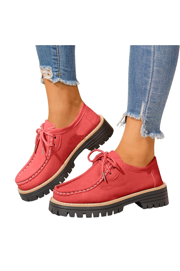 Womens Vintage Fashion Sneakers 2026 Spring Fall Suede Leather Lace up Chunky Mid Heel Casual Oxfords Dress Loafers Walking Shoes Red Size 6