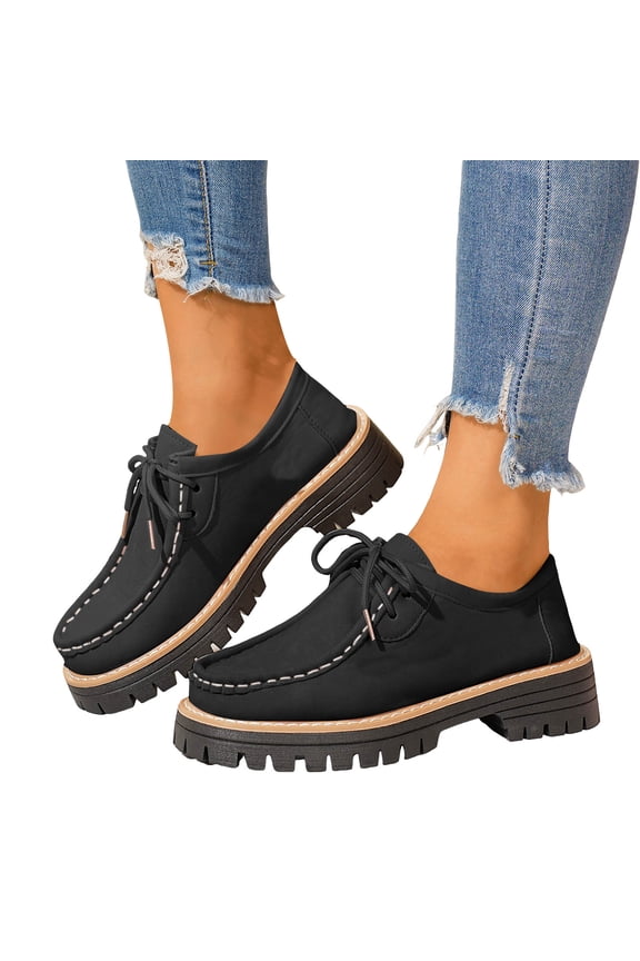 Womens Vintage Fashion Sneakers 2026 Spring Fall Suede Leather Lace up Chunky Mid Heel Casual Oxfords Dress Loafers Walking Shoes Black Size 6