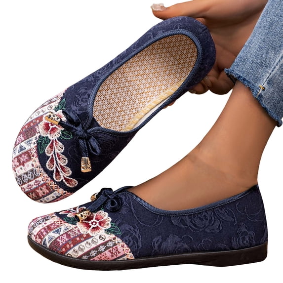 Rokment Womens Vintage Flower Embroidered Ballet Flat Mary Jane Walking Shoes Boho Retro Comfortable Casual Wide Toe Orthopedic Wedge Dress Loafers for Beach Travel Blue Size 8