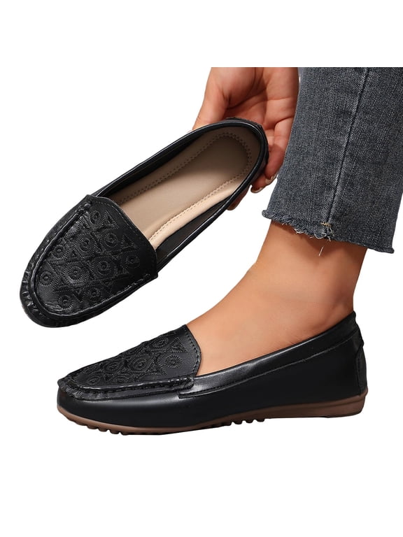 Womens Vintage Geometric Embroidered Slip on Penny Loafers Casual Leather Driving Moccasin Flats Comfy Wedge Low Heel Walking Shoes
