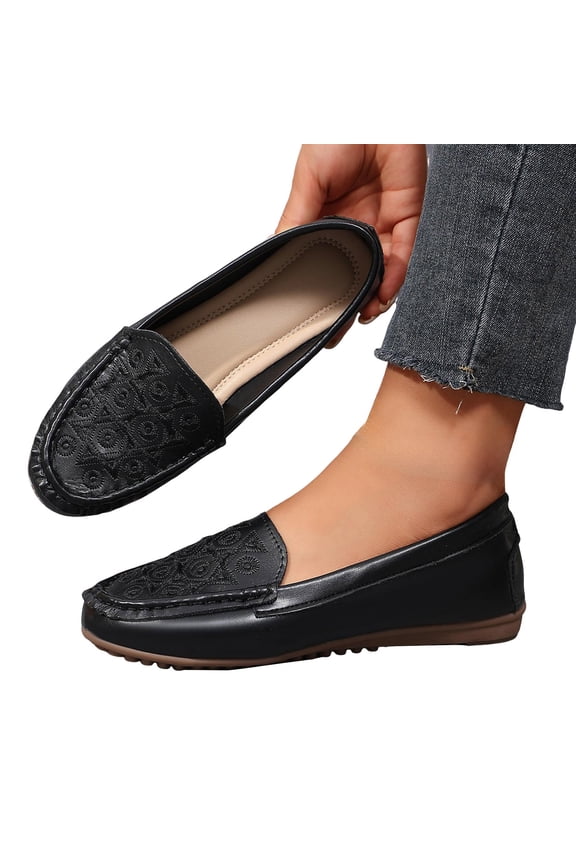 Womens Vintage Geometric Embroidered Slip on Penny Loafers Casual Leather Driving Moccasin Flats Comfy Wedge Low Heel Walking Shoes