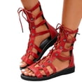 thumbnail image 1 of Rokment Womens Vintage Gothic Mid Calf Gladiator Flat Sandals Roman Beach Casual Studded Leather Lace up Wedge Low Heels Fisherman Dress Summer Shoes Red Size 8.5, 1 of 6