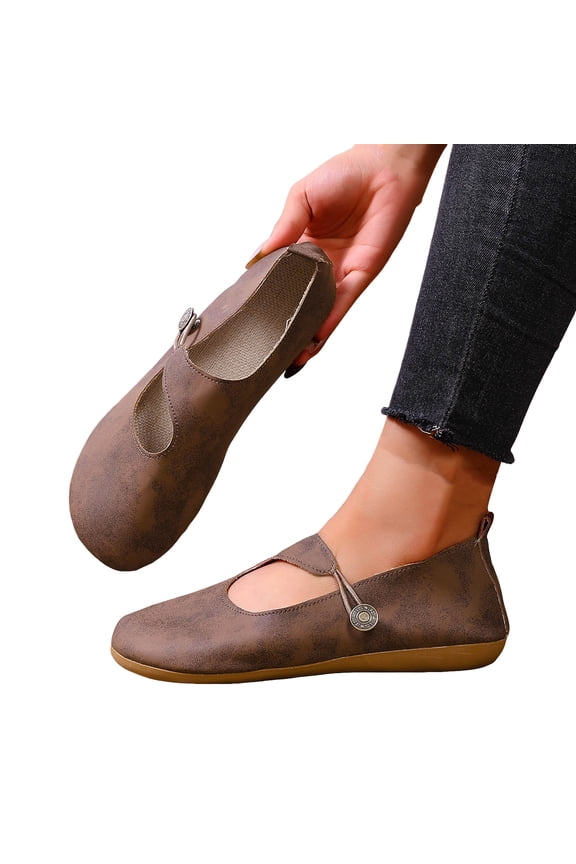 Womens Vintage Leather Mary Jane Ballet Flat Walking Shoes for Wide Feet Boho Beach Retro Leather Wedge Low Heels Slip-On Dress Loafers Khaki Size 9