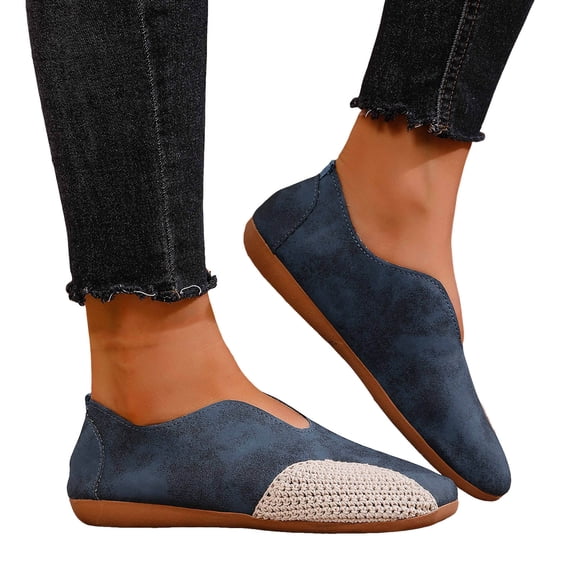 Rokment Womens Vintage Mary Jane Walking Shoes 2026 Spring Summer Suede Crochet Patchwork Wedge Low Heel Ballet Flat Casual Beach Slip on Loafers Blue Size 6