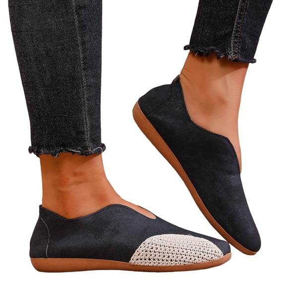 Rokment Womens Vintage Mary Jane Walking Shoes 2026 Spring Summer Suede Crochet Patchwork Wedge Low Heel Ballet Flat Casual Beach Slip on Loafers Black Size 6