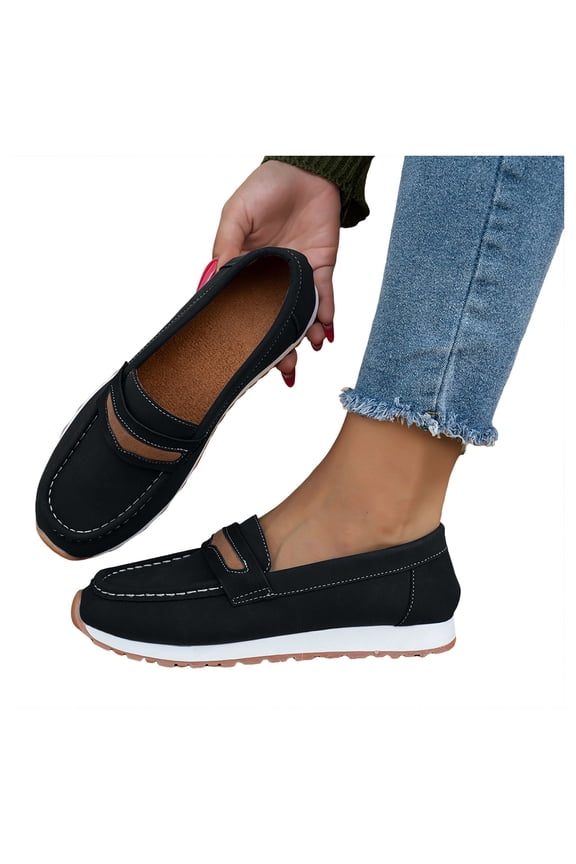 Womens Vintage Memory Foam Platform Slip on Penny Loafers Retro Classic Suede Wedges Low Heel Driving Walking Oxfords Boat Shoes for Travel Vacation Black Size 6