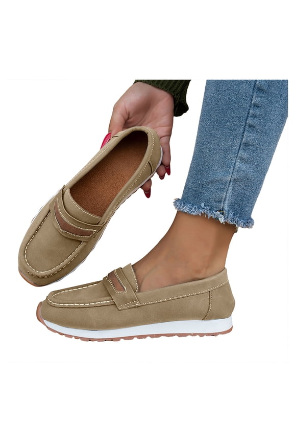 Womens Vintage Memory Foam Platform Slip on Penny Loafers Retro Classic Suede Wedges Low Heel Driving Walking Oxfords Boat Shoes for Travel Vacation Khaki Size 6