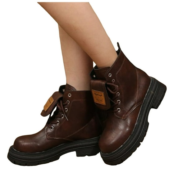 Rokment Womens Vintage Platform Chunky Combat Boots 2025 Fall Winter Leather Lace up Mid Calf Riding Ankle Booties