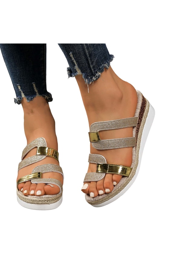 Womens Vintage Platform Wedge Sandals Metallic Gold Color Block Leather Open Toe Espadrilles Chunky High Heels Slip on Dress Slides for Woman Beach Summer Gold Size 6