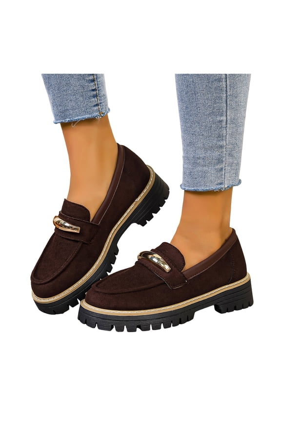 Womens Vintage Slip on penny Loafers Retro Suede Platform Chunky Lug Sole Oxfords Dress Shoes for Business Work Brown Size 9