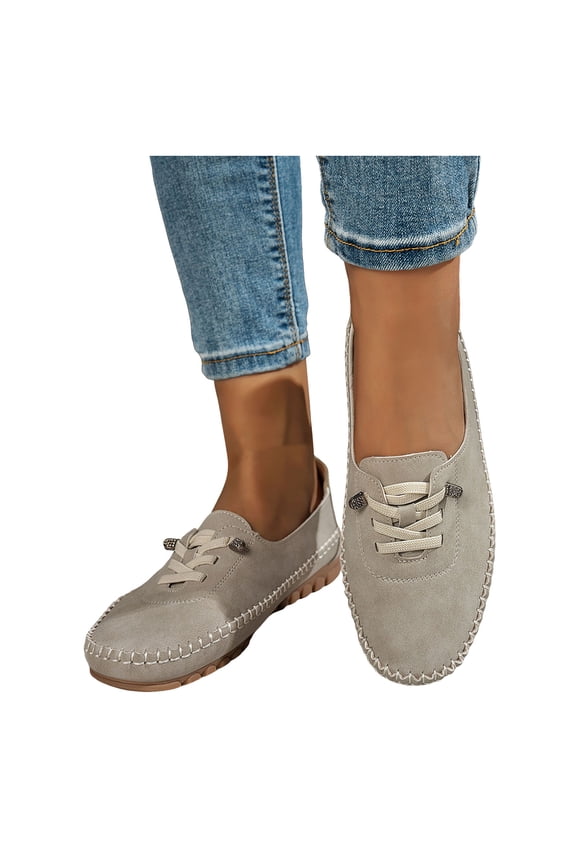 Womens Vintage Stitching Leather Slip on Penny Loafers Walking Flat Non Slip Rubber Low Heel Work Driving Oxfords Boat Shoes Beige Size 7.5