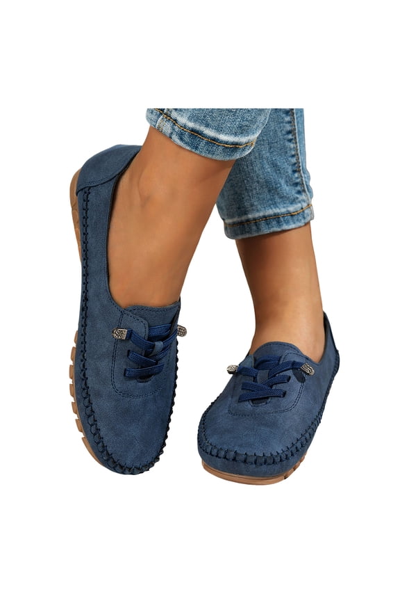 Womens Vintage Stitching Leather Slip on Penny Loafers Walking Flat Non Slip Rubber Low Heel Work Driving Oxfords Boat Shoes Blue Size 9.5