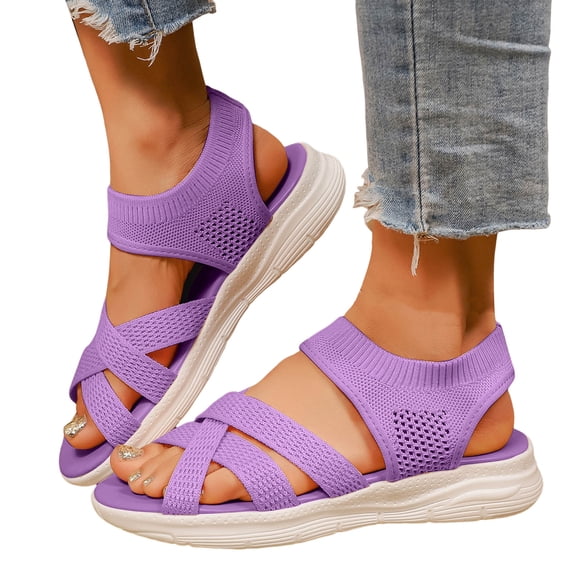 Rokment Womens Walking Flat Sandals Comfortable Breathable Mesh Memory Foam Platform Wedge Strappy Summer Shoes Purple Size 6.5