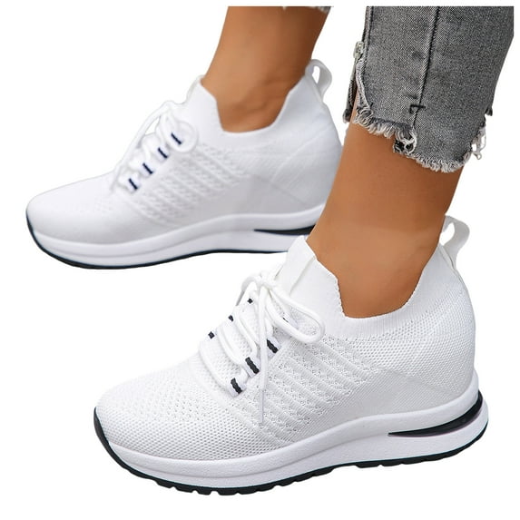 Rokment Womens Walking Non Slip Work Shoes with Hidden Wedges Breathable Mesh Lace up Platform Chunky High Heels Slip on Nurses Nursing Tennis Fashion Sneakers White Size 8