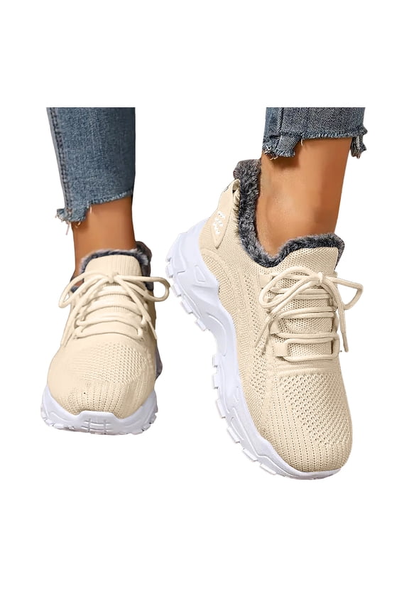 Womens Walking Running Shoes with Fleece Lined Winter Warm Knit Snow Boots Comfortable Athletic Memory Foam Workout Work Jogging Sneakers Booties Beige Size 8