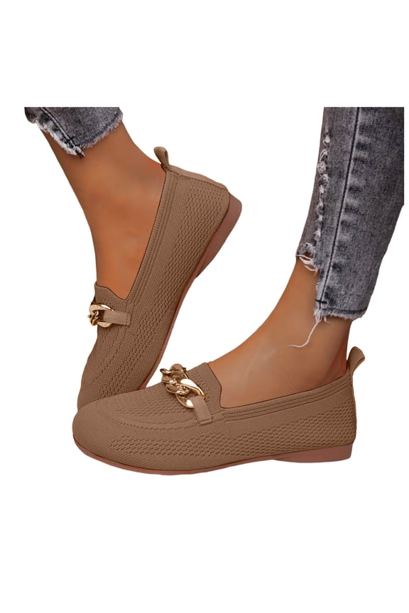 Womens Walking Shoes Slip on Penny Loafers with Wide Feet Lightweight Comfortable Mesh Metal Chain Low Heel Oxfords Flat Driving Dress Shoes Coffee Size 6.5