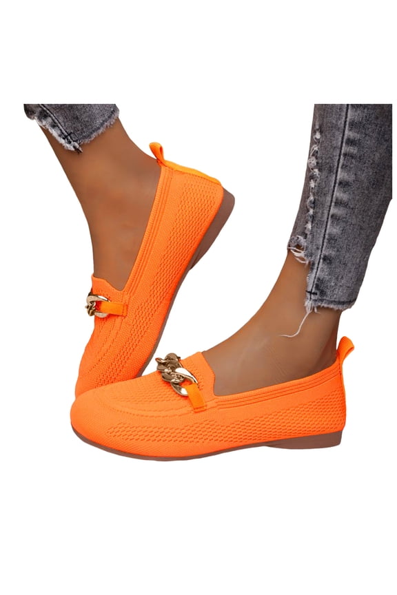 Womens Walking Shoes Slip on Penny Loafers with Wide Feet Lightweight Comfortable Mesh Metal Chain Low Heel Oxfords Flat Driving Dress Shoes Orange Size 9.5