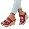 thumbnail image 1 of Rokment Womens Wedges High Heels Dress Slides Sandals Ladies Stylish Simple Denim Cross-Band Platform Chunky Heeled Slip on Summer Casual Height Increasing Dressy Slippers Red Size 9.5, 1 of 7