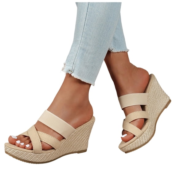 Rokment Womens Wedges High Heels Dress Slides Sandals Ladies Stylish Simple Denim Cross-Band Platform Chunky Heeled Slip on Summer Casual Height Increasing Dressy Slippers Beige Size 6.5