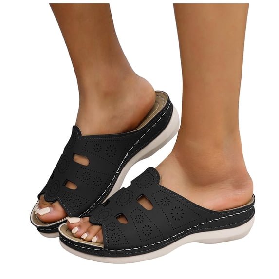 Rokment Womens Wedges Slides Sandals Comfortable Orthopetic Leather Memory Foam Arch Support Platform Walking Slip on Beach Summer Dress Slippers Black Size 6.5