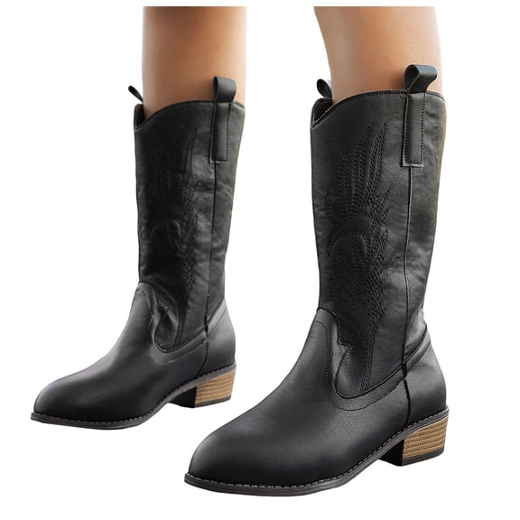 Rokment Womens Wide Calf Cowboy Boots Fashion Embroidered Leather Pointed Toe Chunky Block Heels Western Mid Calf Cowgirl Riding Boots Black Size 9.5