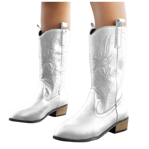 Rokment Womens Wide Calf Cowboy Boots Fashion Embroidered Leather Pointed Toe Chunky Block Heels Western Mid Calf Cowgirl Riding Boots White Size 6