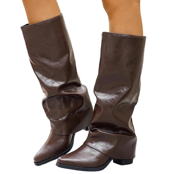 Rokment Womens Wide Calf Fold Over Riding Boots Vintage Slouch Leather Pointed Toe Chunky Block High Heels Mid-Calf Cowboy Tall Booties Fall Winter
