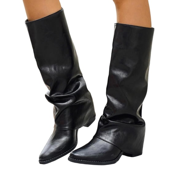 Rokment Womens Wide Calf Fold Over Riding Boots Vintage Slouch Leather Pointed Toe Chunky Block High Heels Mid-Calf Cowboy Tall Booties Fall Winter