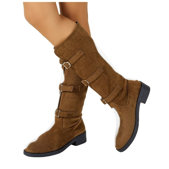 Rokment Womens Winter Fall Knee High Boots Fashion Triple Buckles Suede Chunky Low Heel Mid Calf Tall Dress Boots