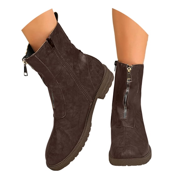 Rokment Womens Winter Fall Mid Calf Combat Boots with Front Zipper Vintage Casual Leather Low Heel Ankle Booties