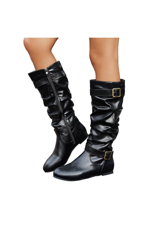 Womens Winter Fall Slouch Wide Mid Calf Boots Fashion Buckles Leather Low Heel Side Zipper Dress Tall Boots