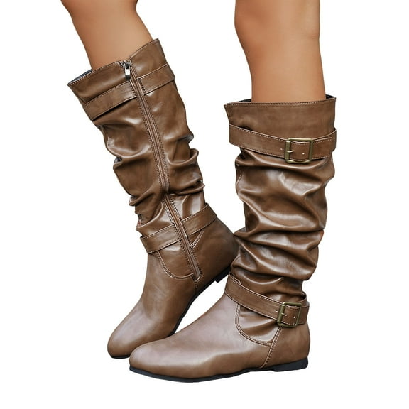 Rokment Womens Winter Fall Slouch Wide Mid Calf Boots Fashion Buckles Leather Low Heel Side Zipper Dress Tall Boots