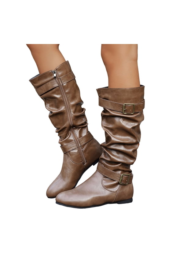 Womens Winter Fall Slouch Wide Mid Calf Boots Fashion Buckles Leather Low Heel Side Zipper Dress Tall Boots