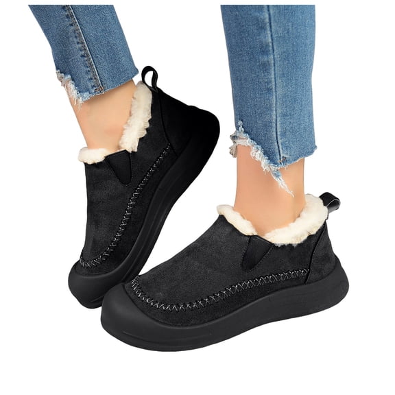 Rokment Womens Winter Snow Boots with Fleece Lined Wide Width Cold Weather Fashion Warm Suede Fuzzy Slip on Platform Flat Low Heel Ankle Booties Black Size 8