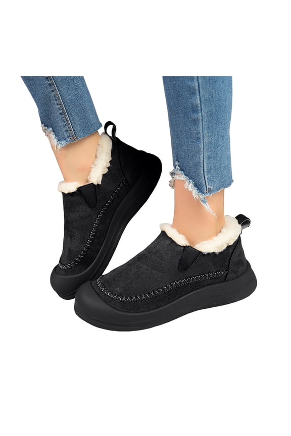 Womens Winter Snow Boots with Fleece Lined Wide Width Cold Weather Fashion Warm Suede Fuzzy Slip on Platform Flat Low Heel Ankle Booties Black Size 8