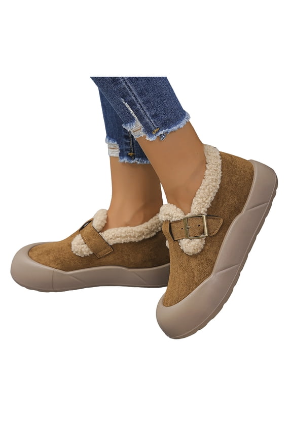 Womens Winter Snow Boots Patato Clogs Fashion Casual Fleece Lined Warm Suede Protective Toe Mary Jane Flat Comfortable Non Slip Walking Slip-On Ankle Booties Khaki Size 7