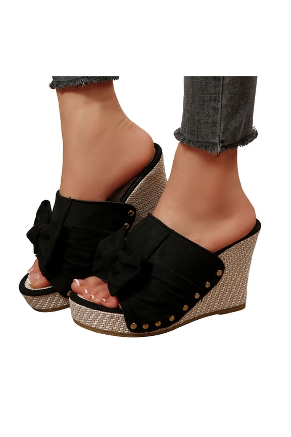Rokmnt Womens Bow Wedges Dress Sandals 2026 Fashion Leopard Bride Wedding Bowknot Platform Chunky Heeled Slip on Pumps Casual High Heels Summer Shoes Black Size 9.5