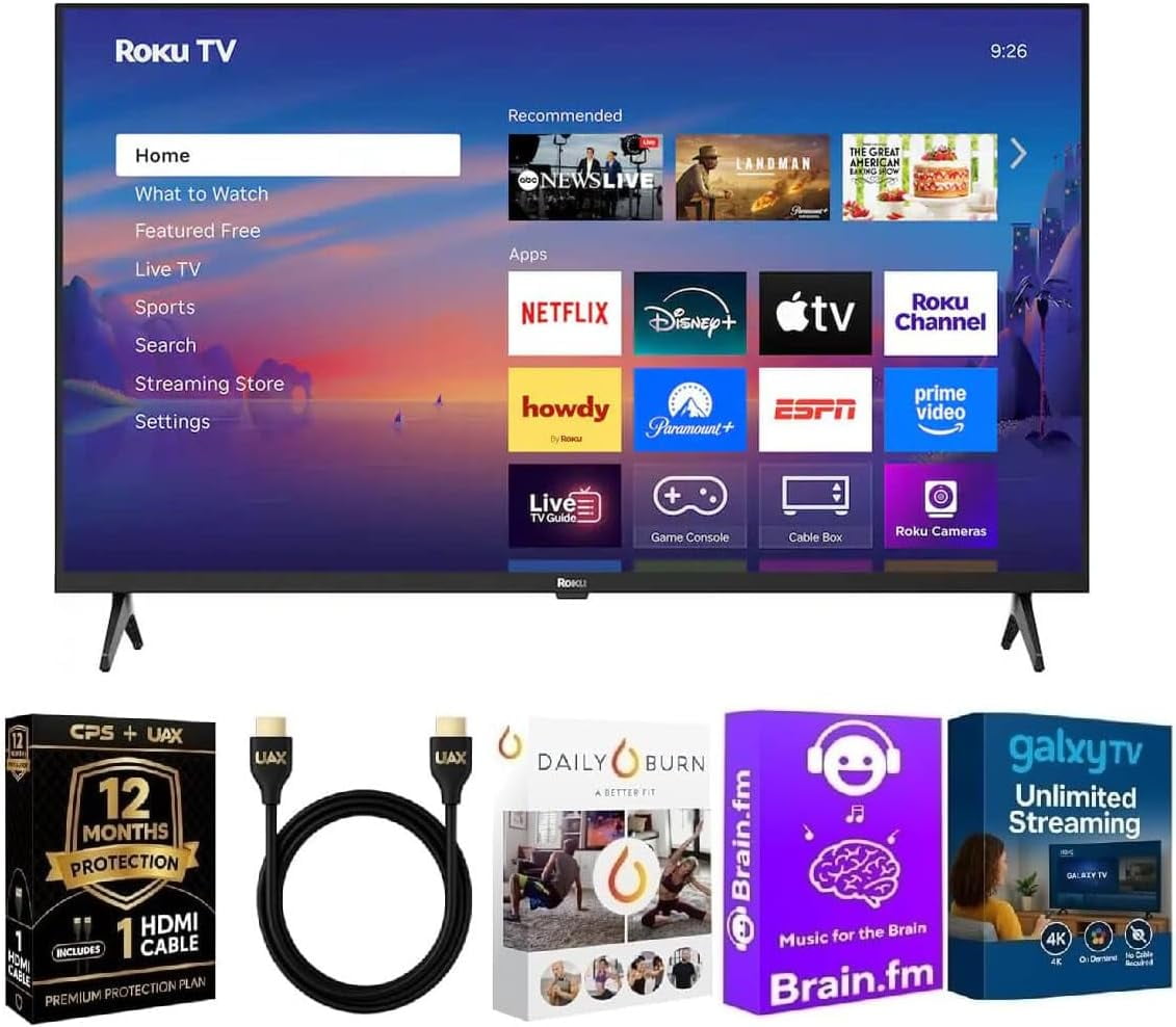 Roku 40 Inch Select Series 1080p Full HD Smart TV 2025 Model with WiFi Streaming Apps HDMI Cable 12 Month CPS Protection Plan and Premium Streaming Bundle for Movies TV Music and Sports Entertainment
