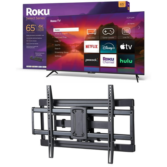 Roku 65-Inch Select Series 4K HDR Smart Roku TV and onn. Full Motion TV Wall Mount for 50" to 86" TVs, up to 15° Tilting