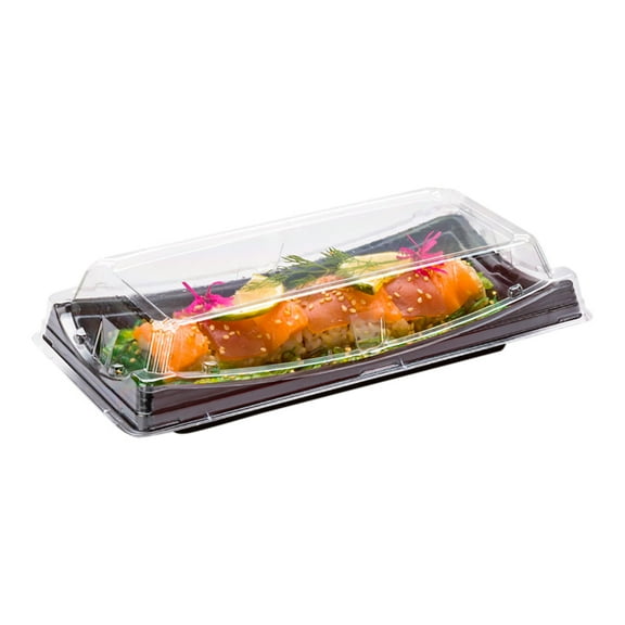 Roku Black Plastic Long Take Out Sushi Container - with Clear Lid - 9 3/4" x 4 3/4" x 2" - 100 count box