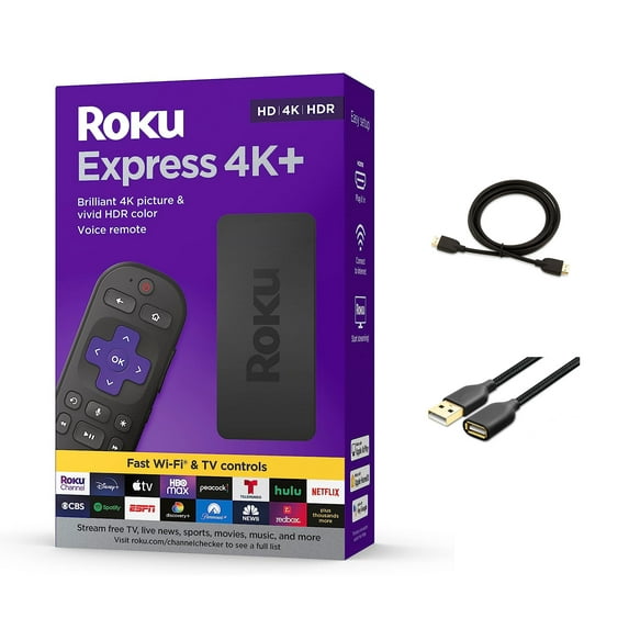 Roku Express 4K+ Streaming Player, HD/4K/HDR, Roku Voice Remote with TV Controls, Free & Live TV, Premium HDMI Cable & Smooth Wi-Fi, with 5AVE HDMI Cable and USB Extension Cord