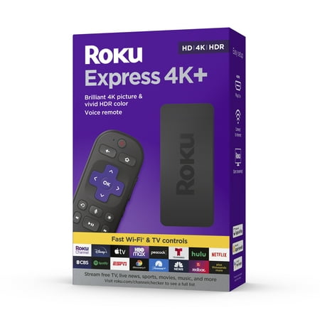 Roku Express 4K+ | Streaming Player HD/4K/HDR with Roku Voice Remote with TV Controls, includes Premium HDMI Cable - Black