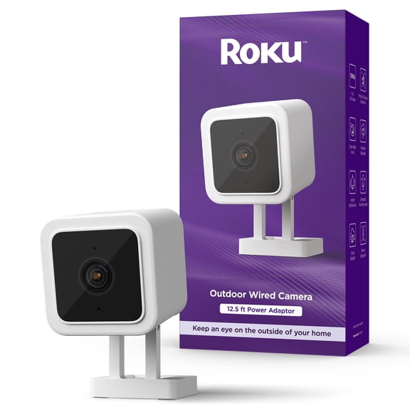Roku Outdoor Camera for Home Security - IP65 Weather Resistant Wired Security Camera with 1080p HD Night Vision, Works with Alexa & Google, Motion & Sound Detection - 90-Day Subscription Inclu