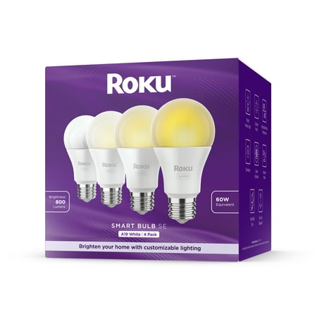 Roku Smart Home Smart Bulb SE (White) 4-Pack with Adjustable Brightness And Temperature, 9.5 Watts - Screw Base