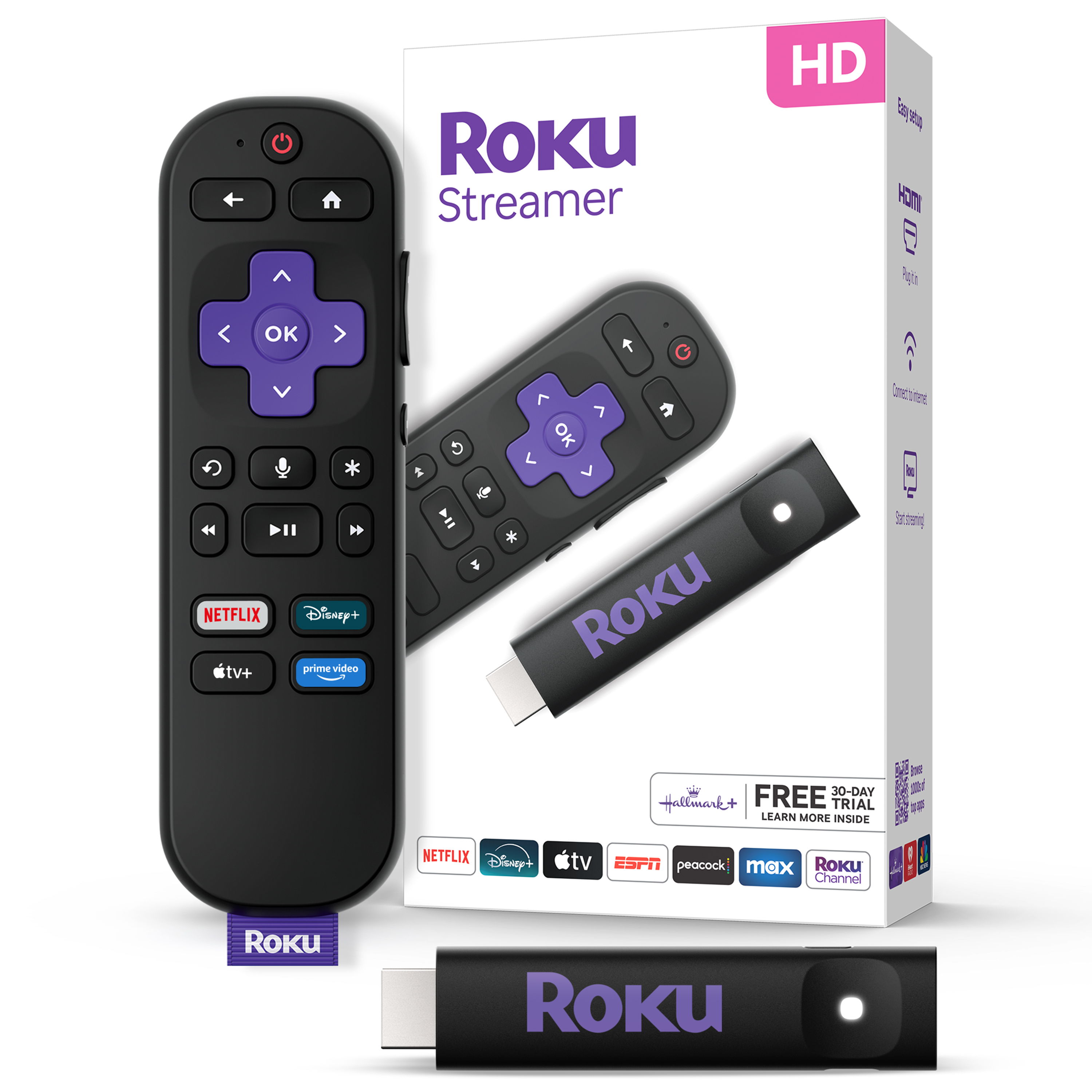 Roku Streamer: Dispositivo de transmisión HD para TV con control remoto por voz - TV gratis y en vivo