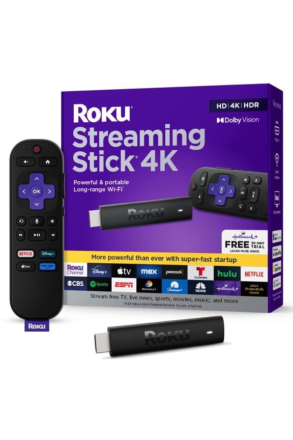 Streaming Stick 4K - HDR & Dolby Vision Roku Streaming Device for TV with Voice Remote & Long-Range Wi-Fi - Free  & Live TV