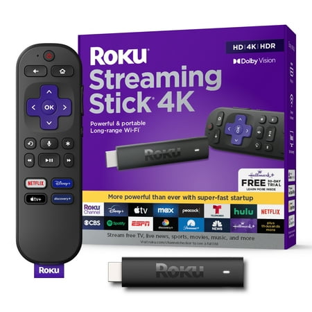 Roku Streaming Stick 4K - HDR & Dolby Vision Roku Streaming Device for TV with Voice Remote & Long-Range Wi-Fi - Free & Live TV