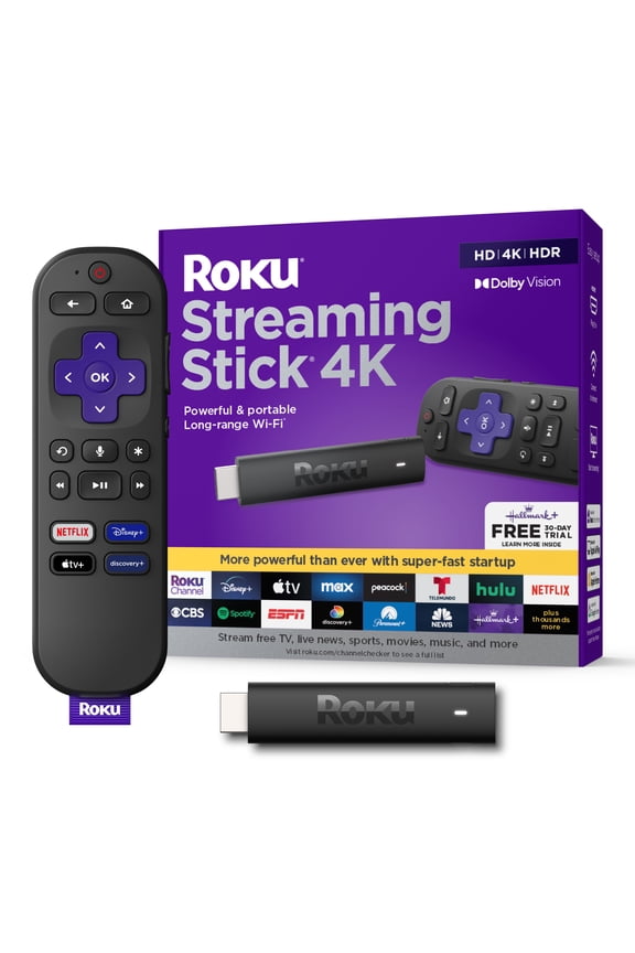 Streaming Stick 4K - HDR & Dolby Vision Roku Streaming Device for TV with Voice Remote & Long-Range Wi-Fi - Free & Live TV