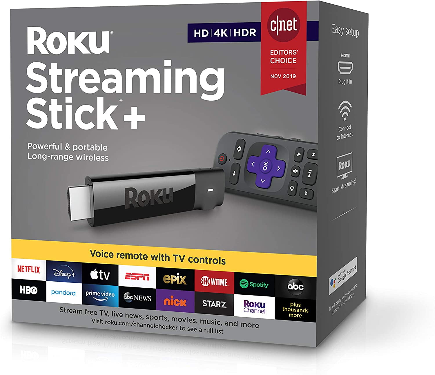 Roku Streaming Stick 4K  Streaming Device 4K/HDR/Dolby Vision with Voice  Remote with TV Controls and Long-Range Wi-Fi 