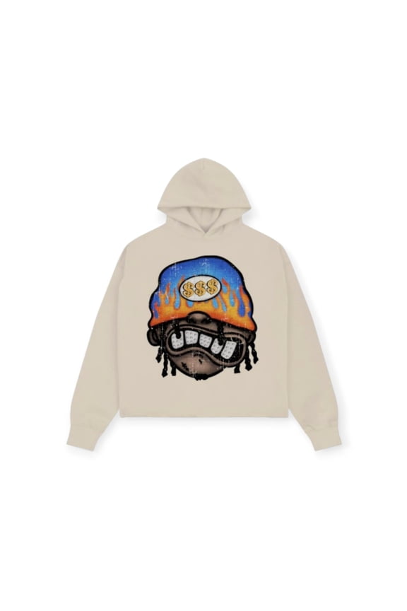 Men Cash Flow King Cropped Drop Shoulder Hoodie With Rhrinestone (Taupe)